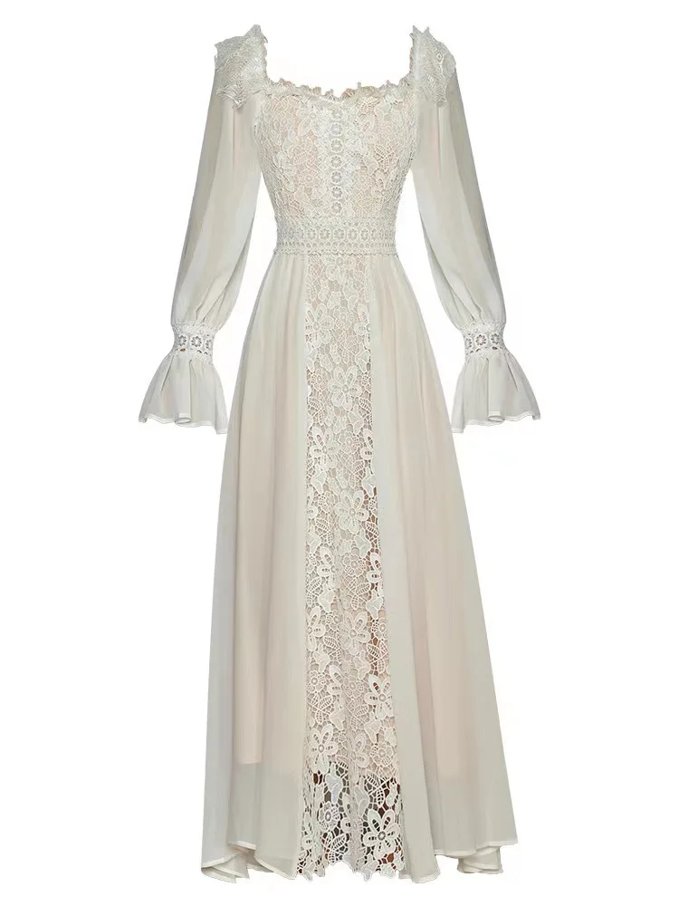 Женское платье в дворцовом стиле с длинным рукавом и кружевной вышивкой