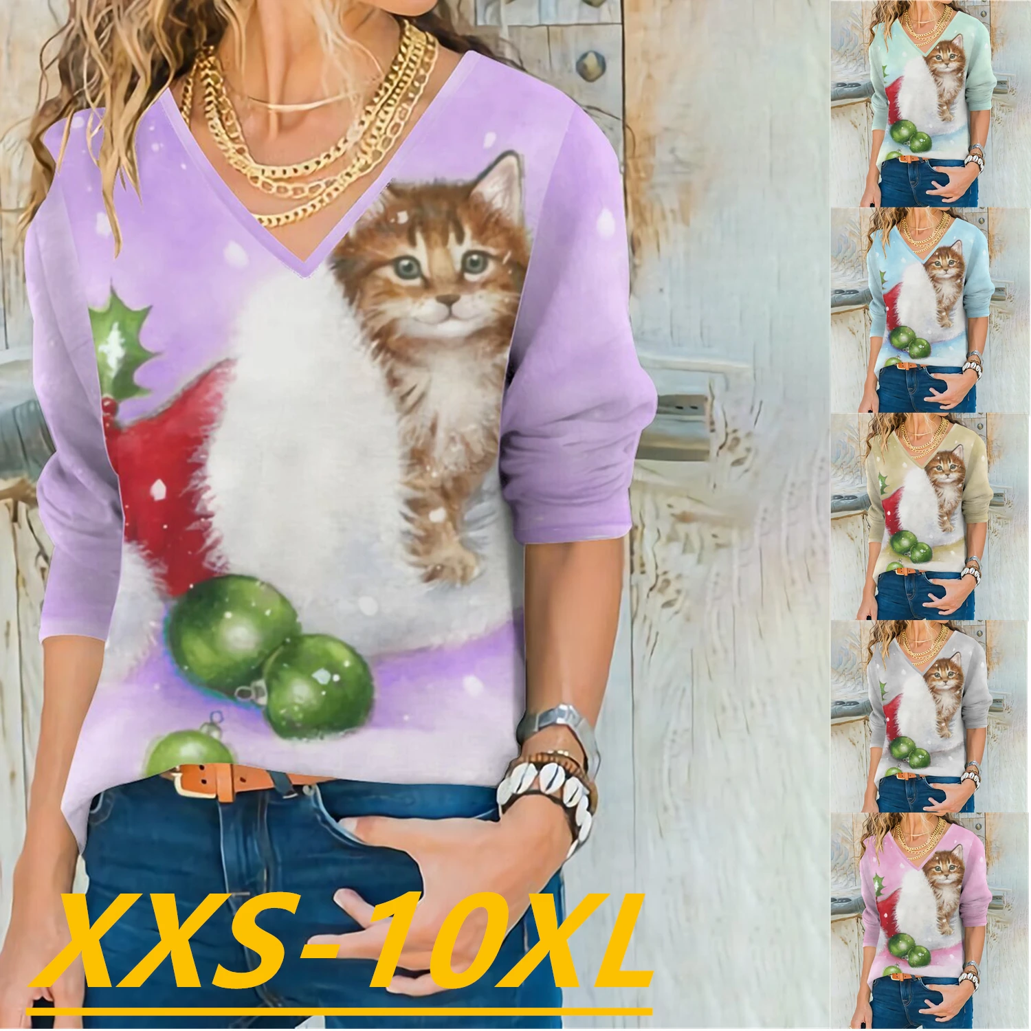 

Змея Yx Женская Осенняя НОВАЯ РОЖДЕСТВЕНСКАЯ кошка с принтом модная повседневная футболка с V-образным вырезом и длинным рукавом