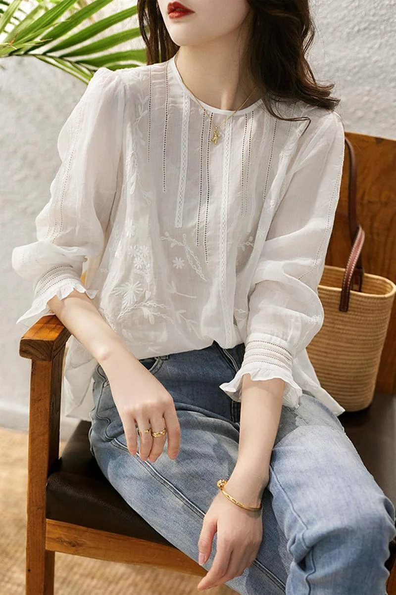 

Cotton White Shirt Summer Ramie Women's Blouse 2022 New Long Sleeve Casual Top Fashion Female Korean Style Clothing