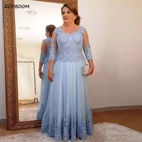 sky blue mother of bride dresses a line 34 sleeves tulle appliques o neck groom plus size long evening dresses for wedding 2022