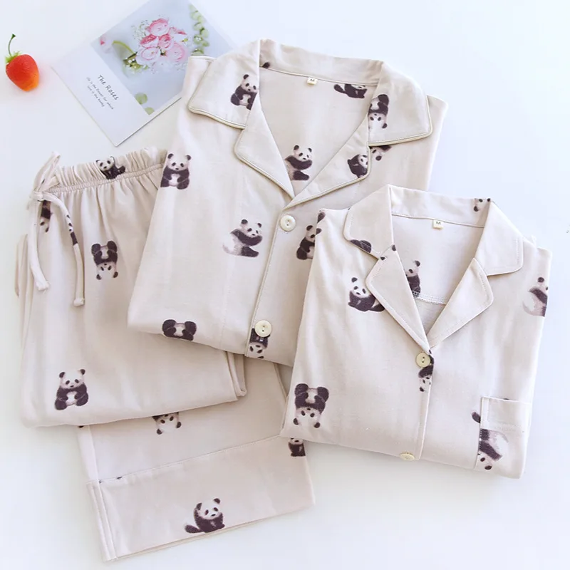 Panda Patterns 100% Cotton Knitted Women's Pajamas Set Home Wear Pajamas For Girls Sleepwear Loungewear Winter Pijama Pyjamas