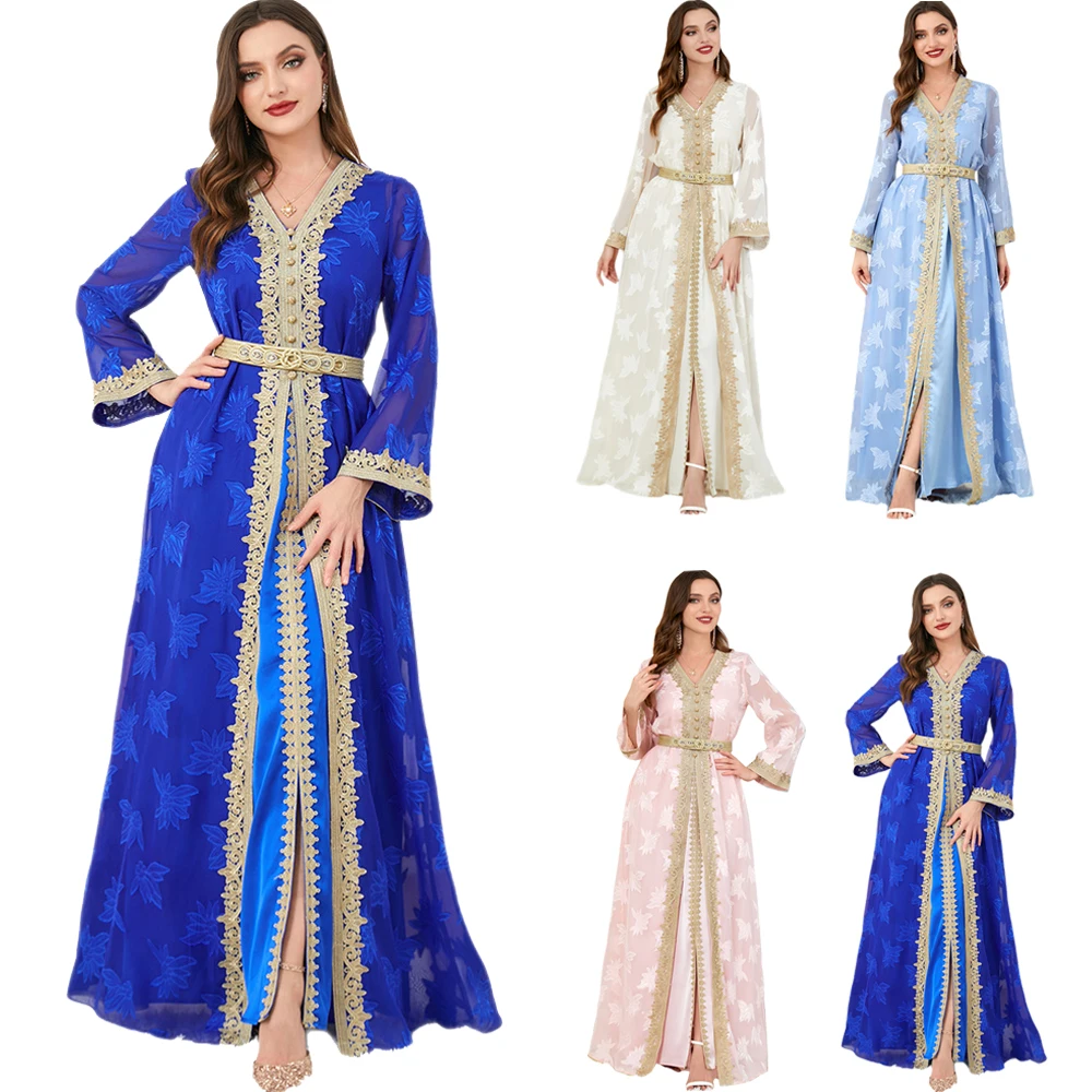 

Шикарное элегантное женское платье мусульманские комплекты с цветочной вышивкой гипюровое кружевное платье с поясом кафтан Марроко Abayas праздничные платья Рамадан