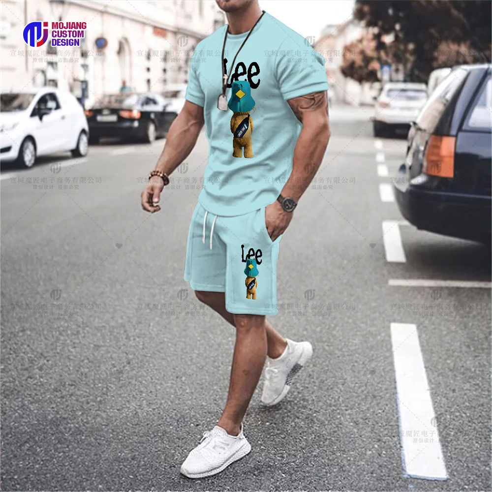 Summer 2023 Luxury Brand Men's T-shirt Shorts Oversized Short-Sleeved Cartoon Bear Print Casual Loose Top Shorts Two-Piece Set