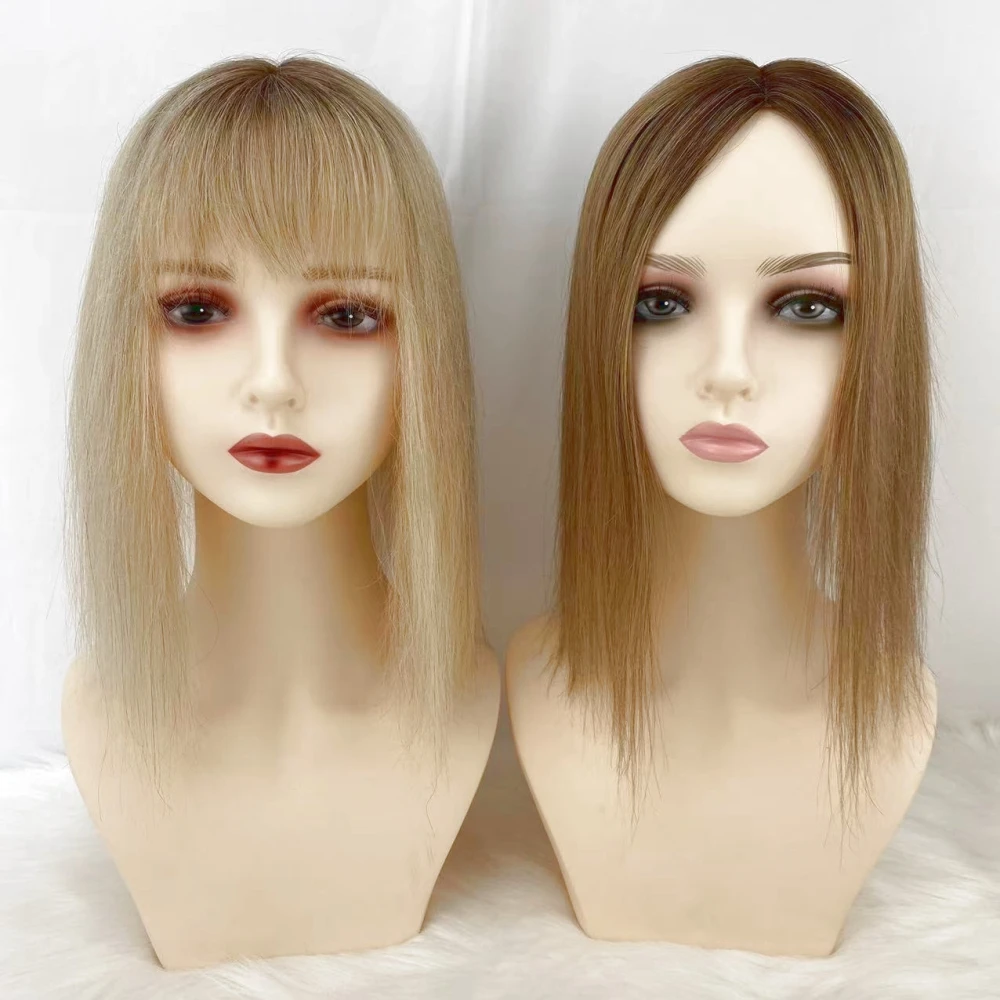 Brown Blonde Ombre Remy Human Hair Women Topper With Fringe #4/60 Two Tone Fine Hair Pieces Overlay Air Bangs 14inch 4X5.5inch