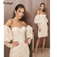 verngo sweetheart full lace knee length wedding dresses puff long sleeves bones bride gowns prom party dress robe de soiree