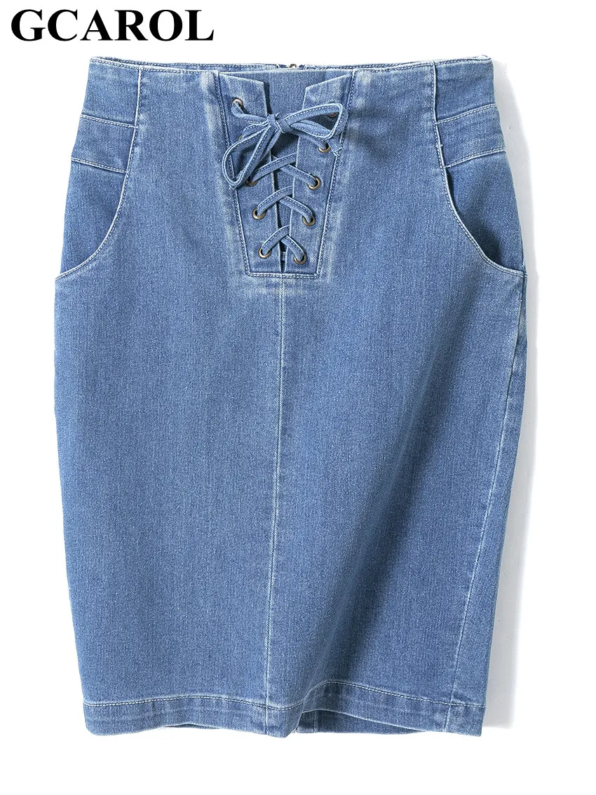 

GCAROL Women Denim Mini Skirt Cross-criss Stretch Classic Summer Streetwear Invisible Zip Short Bud Skirt XL 2022