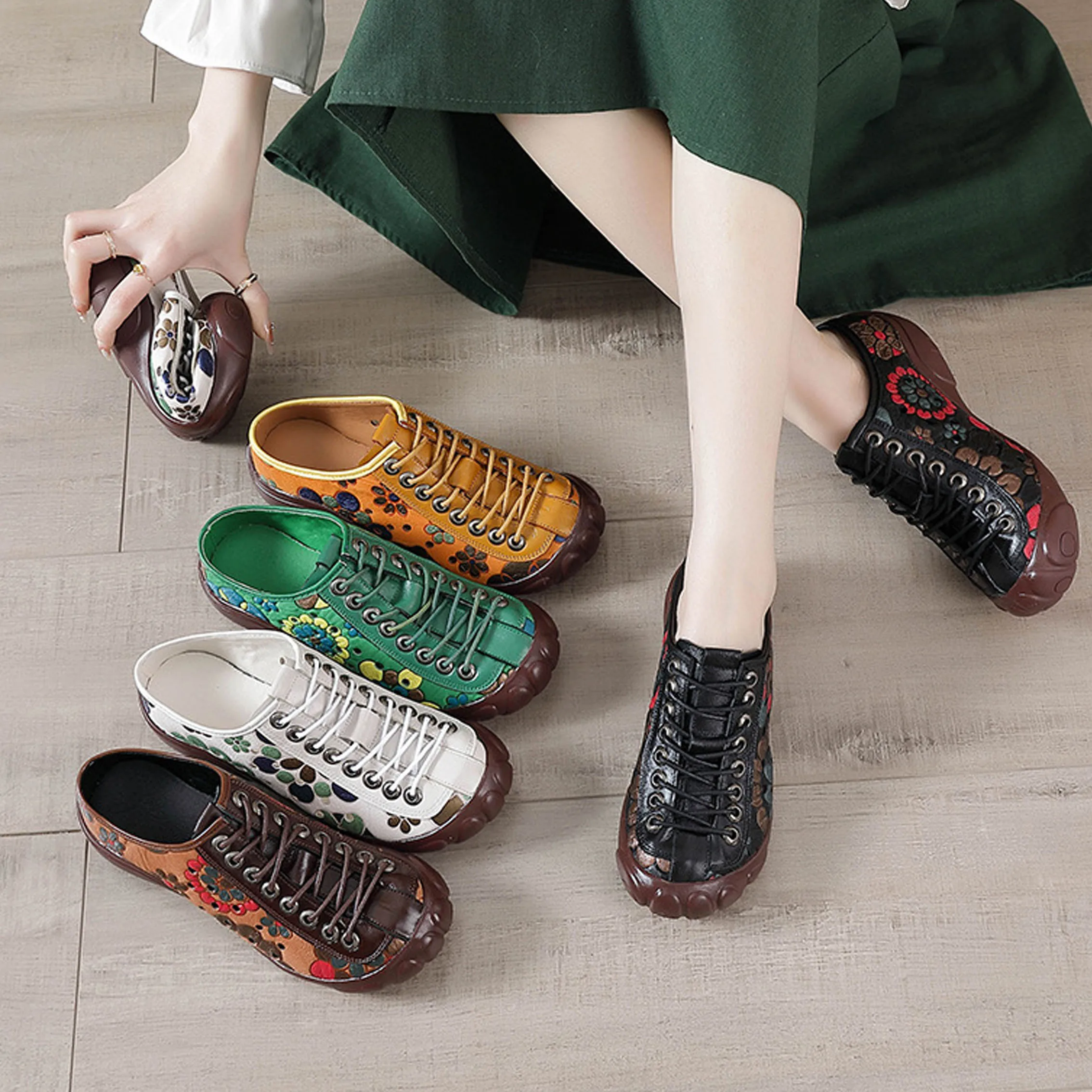 Genuine Leather Flats Women Sneakers Hollow Lace-up Comfy Round Toe 2023 New Summer Concise Leisure Retro Handmade Ladies Shoe