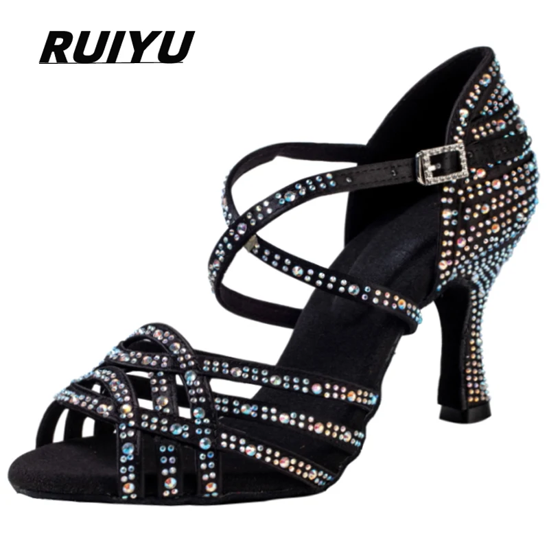 New Latin Dance Shoes Salsa Tango Ballroom Party Women's Shoes Rhinestones Black Bronze Girls High Heel Summer Sandals