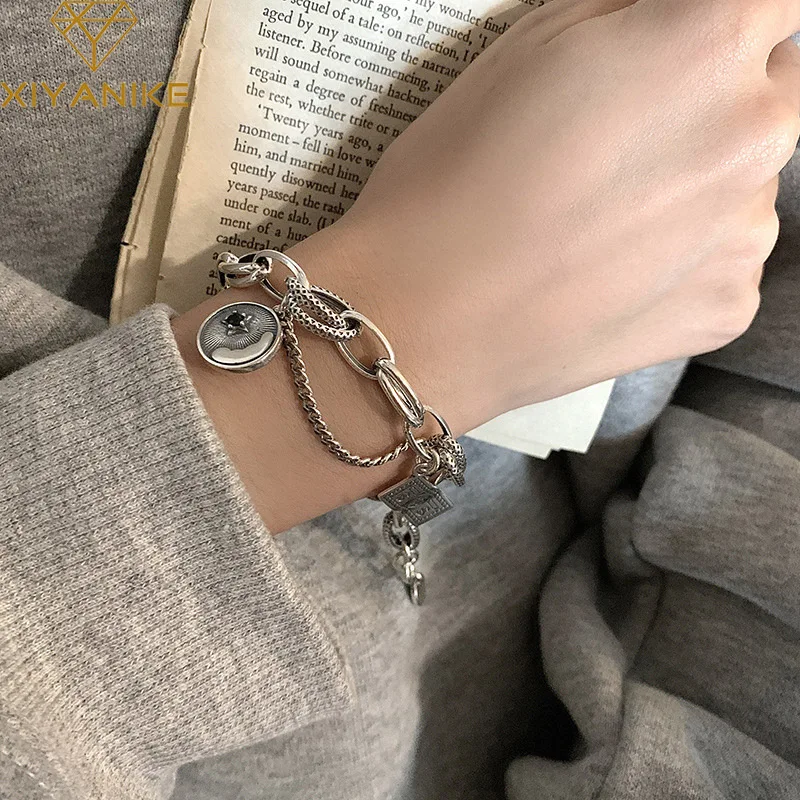 

XIYANIKE Vintage Thai Silver Dollar Tag Bracelet For Women Girl Hip Hop Fashion New Jewelry Friend Gift Party pulseras mujer