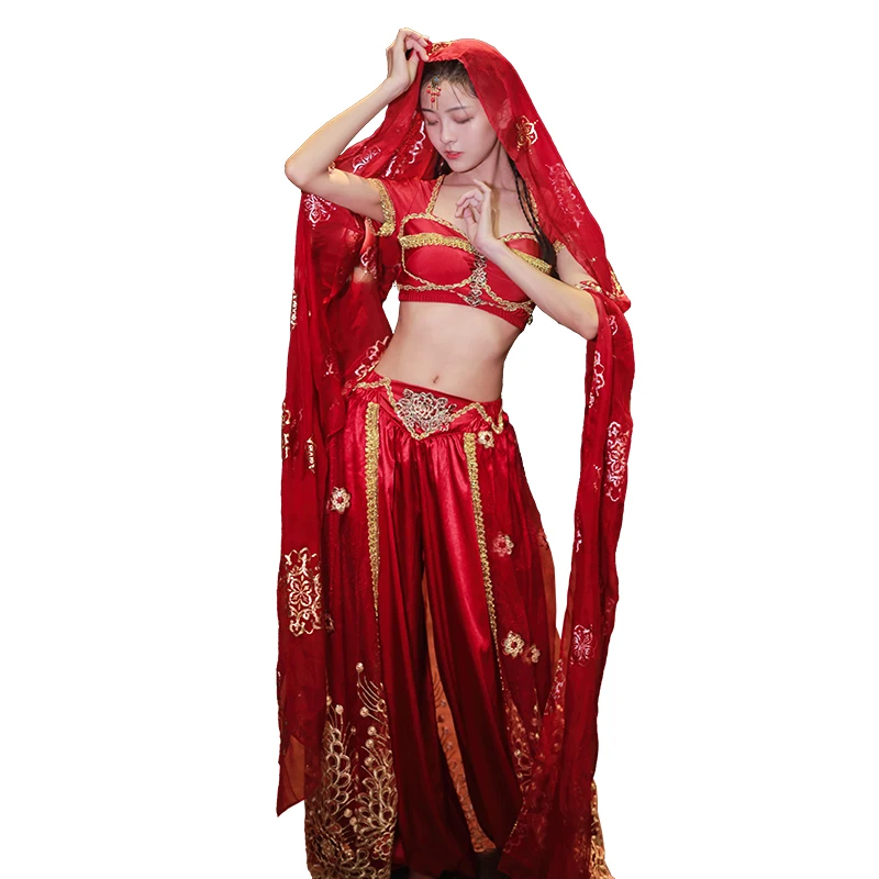 Woman Belly Dance Genie Jasmine Arabian Belly Dancer Princess Aladdin Fancy Dress Up Costume Halloween 2 Pieces Set (Top Pants )