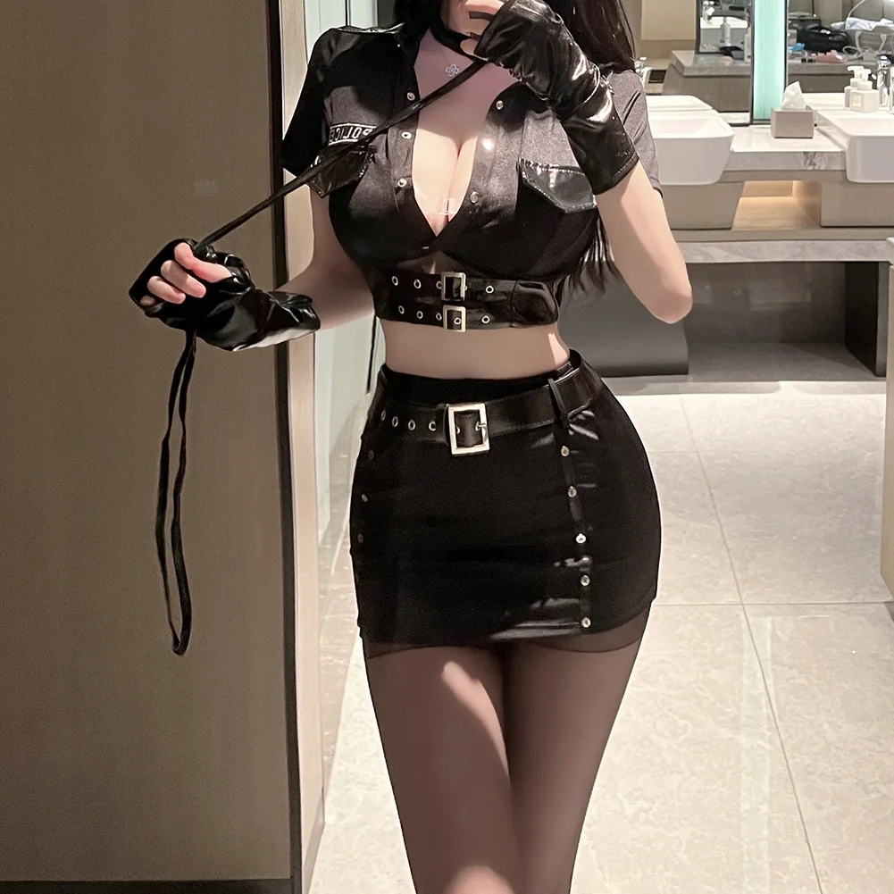 

Women Sexy Seductive Cosplay Uniform Deep V Top Mini Hip Wrap Skirt Optional Erotic Set Temptation Costumes Black Outfit