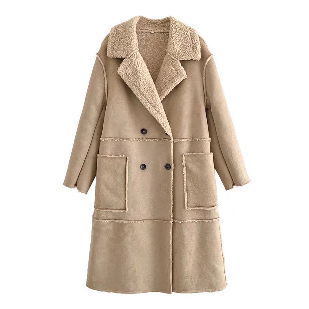 

PB&ZA 2021 New Winter Lamb Fur Coats Women Warm Suede Long Sleeve Parka Cashmere Thick Faux Leather Jacket Outerwear Streetwear