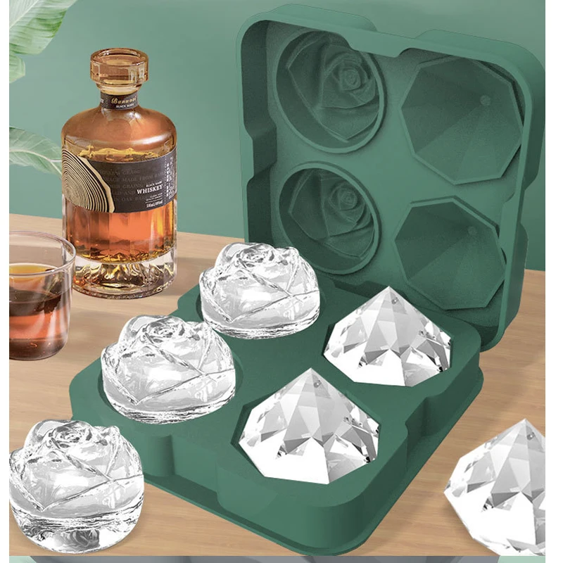 

4 Even Rose Diamond Ice Grid Silicone Mold Creative Whiskey Ice Cube Ice Box Home Popsicle Mold for Champagne Barrels Shot Glass