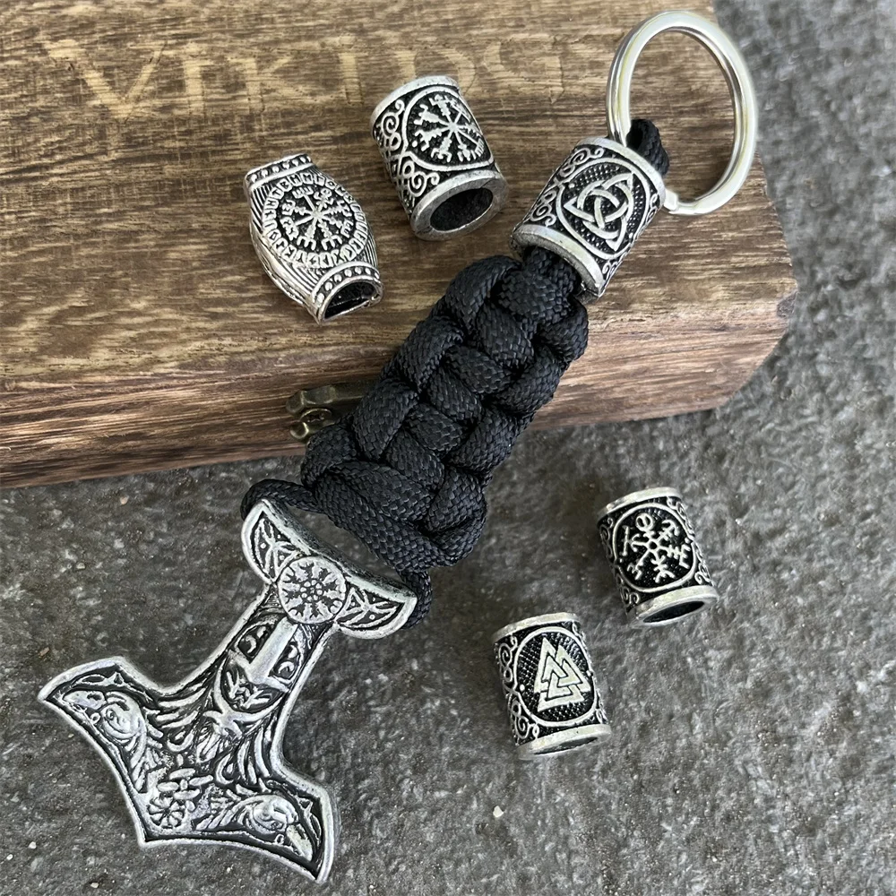 

Nostalgia 1Pcs Viking Odin Aegishjalmur Raven Thor Hammer Keychain For Car Keys Paracord Accessories