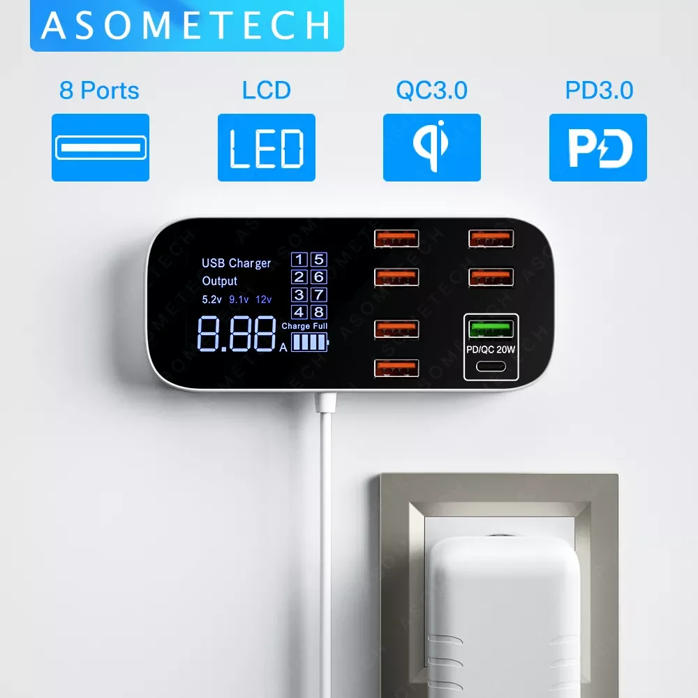 

40W USB Phone Charger QC3.0 USB C Type C Fast Charger 8 Ports 8A Digital Display Charging Station Portable Travel Wall Charger