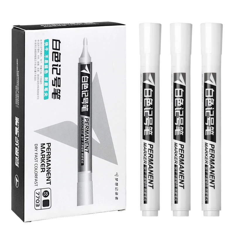 

10PCS White Marker With Rich Oil Ink Quick Drying Waterproof Non-Fading School Office Stationery Paint Pen