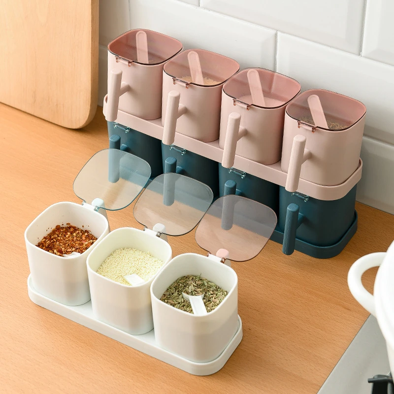 

2/3/4 Grid Combination Seasoning Box Pepper Sugar Bowl Salt Spice Shaker Jar Kitchen Accessories Organizer Condiment Container