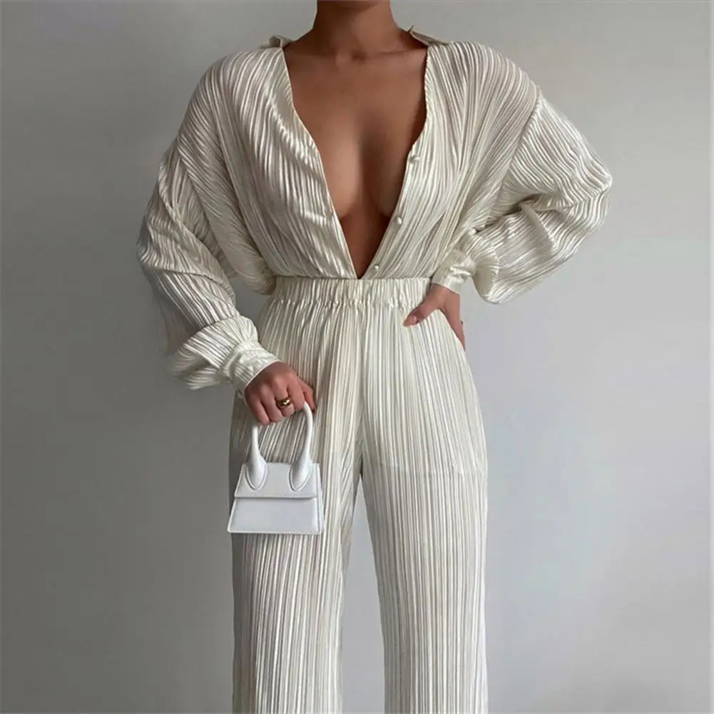 

2 Pcs/Set Fall Blouse Pants Set Trendy Shirring Solid Color Lady Garment Autumn Shirt Trousers Suit Women Shirt Pants Suit