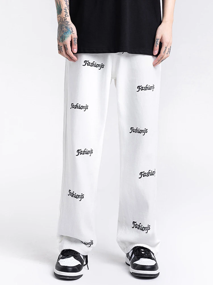 Four Seasons Men's Jeans Letter Embroidery Vibe High Street Straight Loose Jeans Y2k Pants Korean Fashion Street Jeans Aesthetic