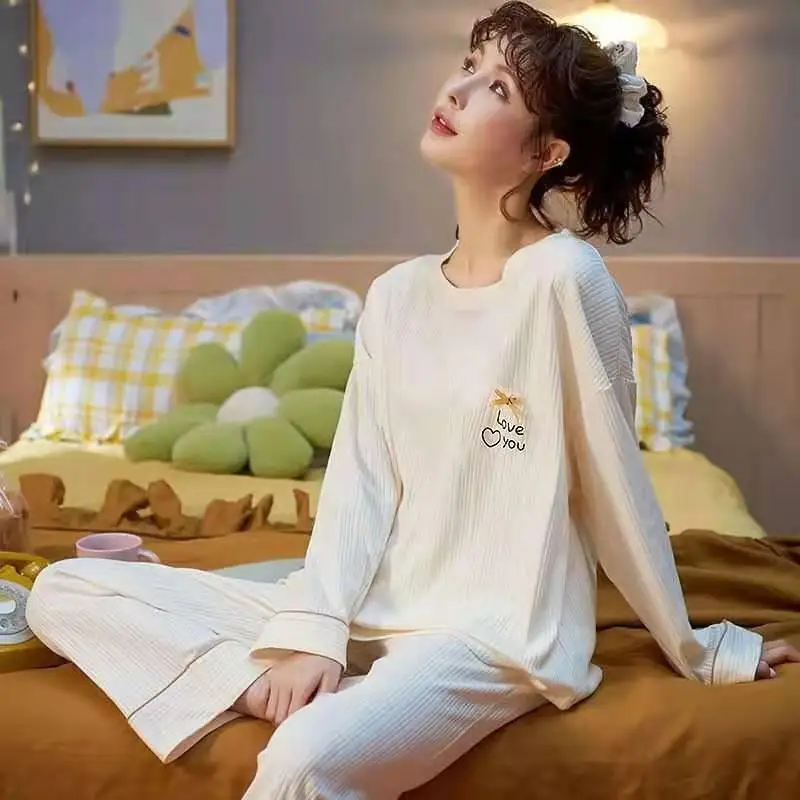 SUO&CHAO Spring Autumn Pajamas Set For Women Long Sleeve Round Neck Tops And Pants Pyjamas Pijamas Sleepwear Homewear