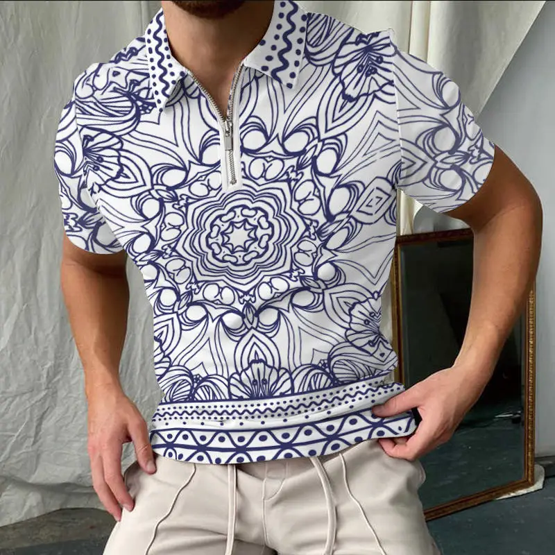 

Neck Turn Down Collar Short Sleeve Men T Shirt Tops T-shirt fashion high quality casual Polo shirt Men's lapel zipper T-shirt