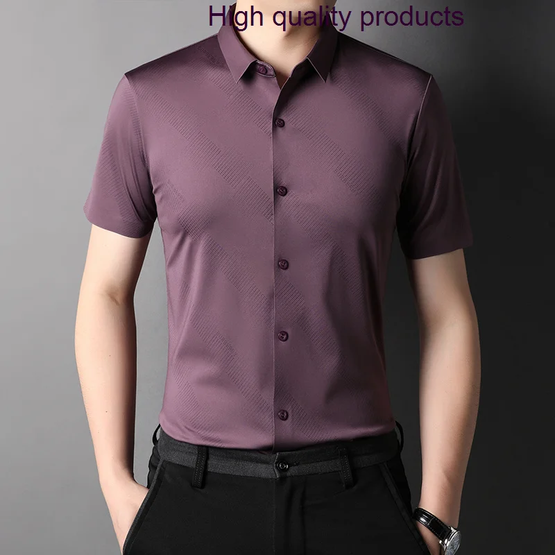 

Seamless Summer Male Luxury Short Sleeve Smart Casual Striped Purple Men's Dress Thin Man Shirts 3XL
