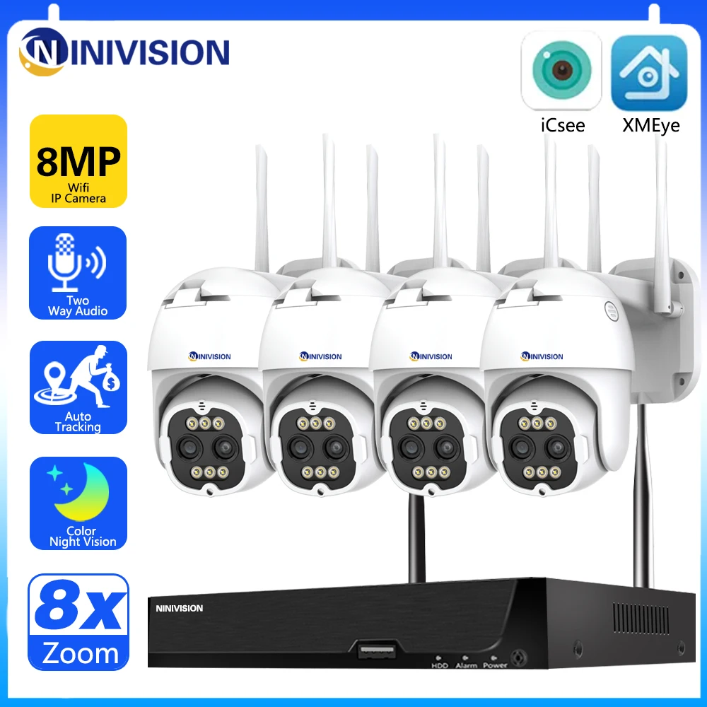 

H.265 8CH 8MP Wireless Camera System Humanoid Auto Tracking Smart 8X Zoom AI PTZ Camera Two-way Audio Mini WiFi Surveillance Set