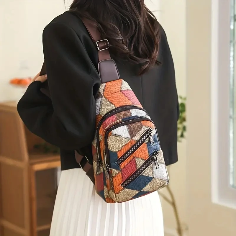 

Casual PU Patchwork Chest Bag Contrast Color Crossbody Backpack Ethnic Chest Bag Adjustable Backpack All-match Shoulder Bag