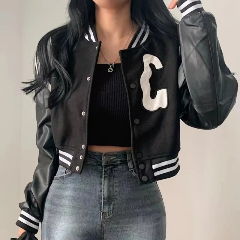 

2023 Autumn Cropped Bomber Jacket Women Vintage Korean Fashion Oversize Gothic Style Baseball Short Jackets Kpop Chic Streetwear