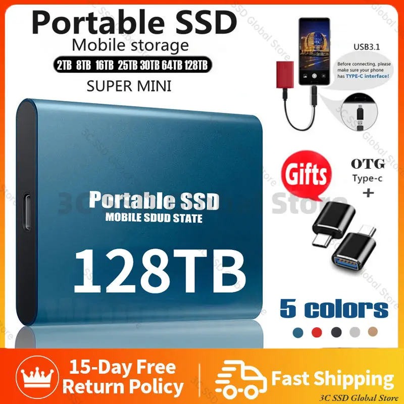 High-speed M.2 SSD 128TB 1TB Portable SSD 2TB 4TB 8TB External Solid State Type-C USB3.1 2TB Mobile Hard Drive For Laptops PS4