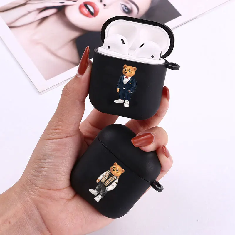 

Cute Bear Fashion Brand Soft silicone TPU Case For AirPods Pro2 1 2 3 black Silicone Wireless Bluetooth Earphone Box Cover