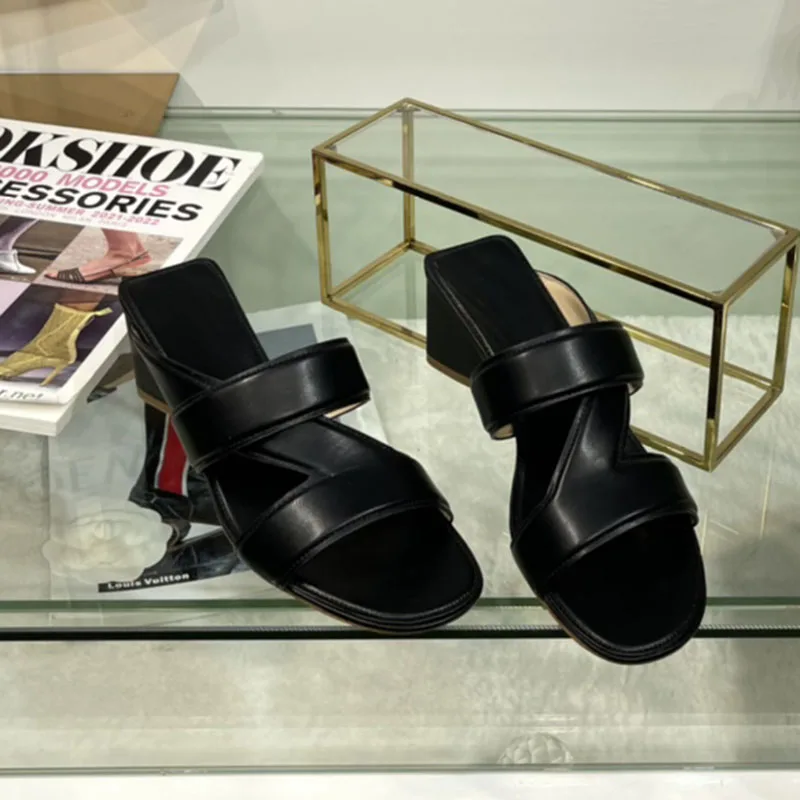

2022 Spring And Summer New Chunky Heel Slippers Open Toe High Heel Low Heel Women's Shoes Concise Casual Outdoor Fairy Shoes