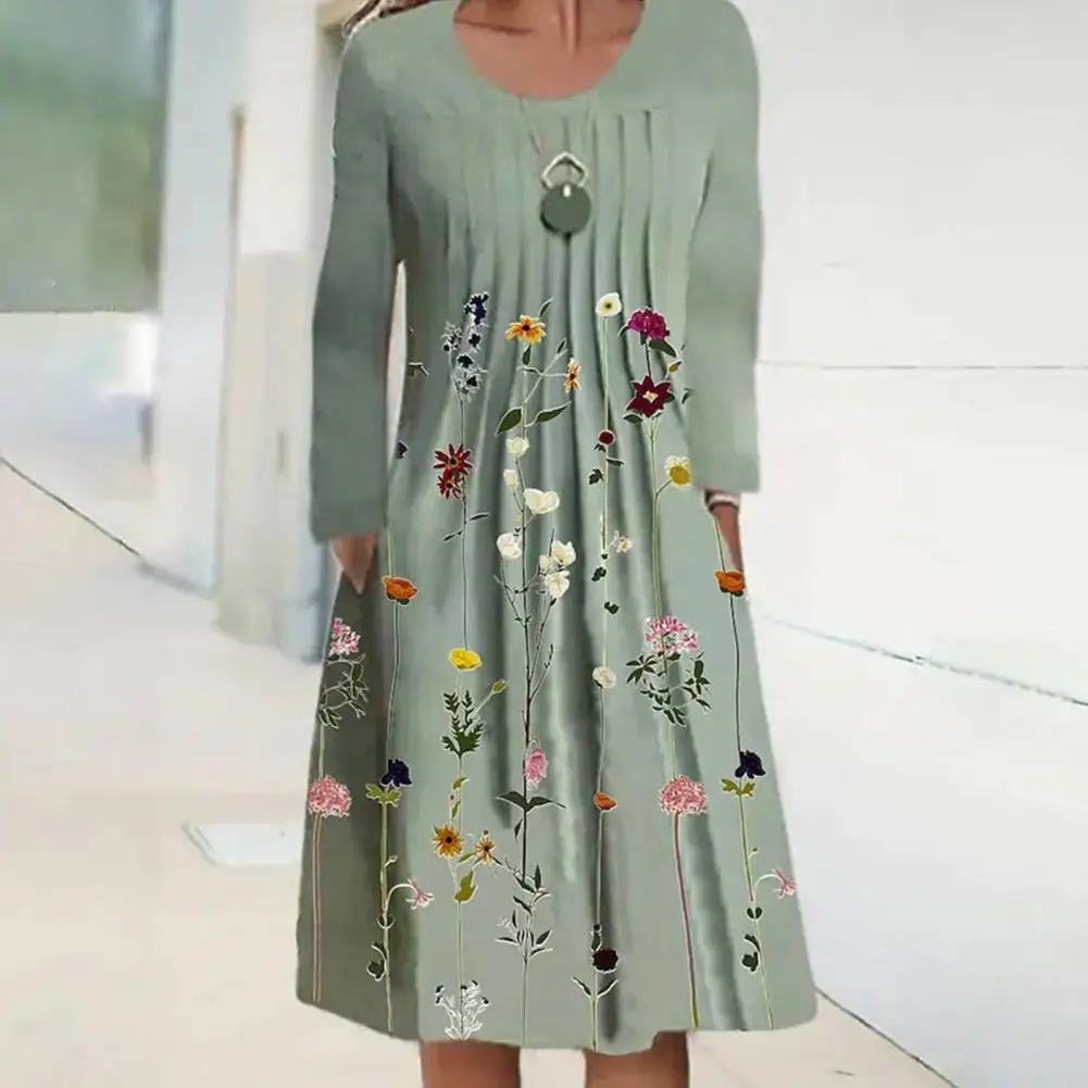 

Casual Dress Crew Neck Skin-Touching Mid-Rise Elegant Flower Print A-Line Women Casual Dress Midi Dress Female Clothing