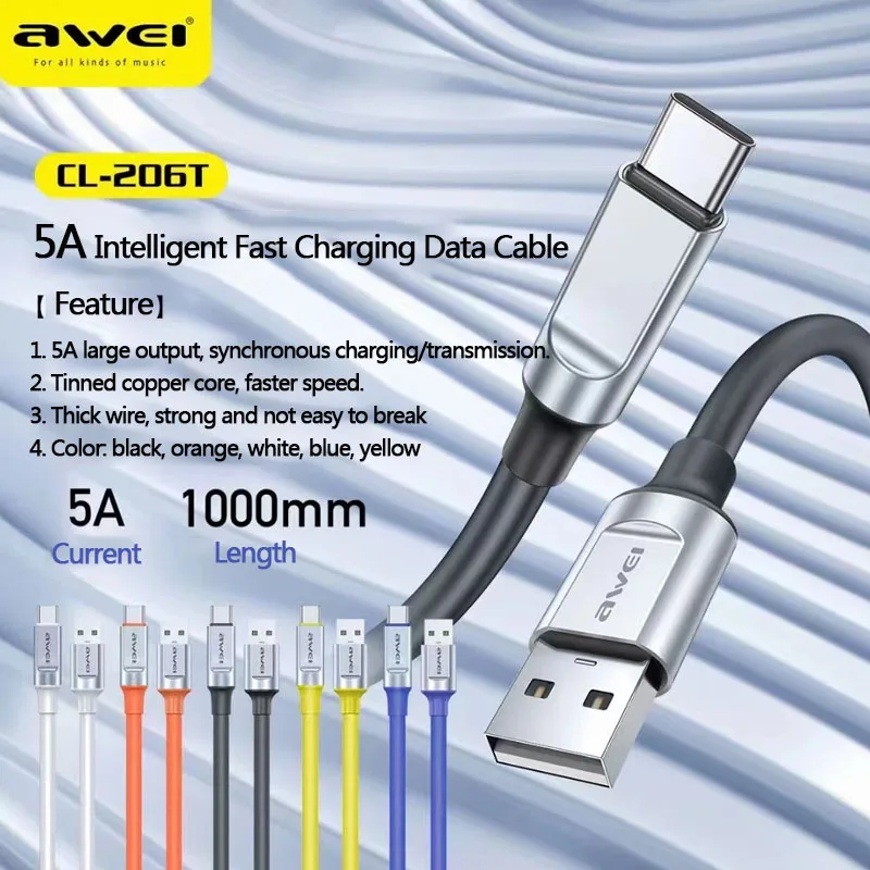 

Awei CL-206 USB Cable for iPhone14 12 11 Pro Max Xiaomi Samsung Huawei 5A Fast Charging Cable Quick Charge USB Data Line