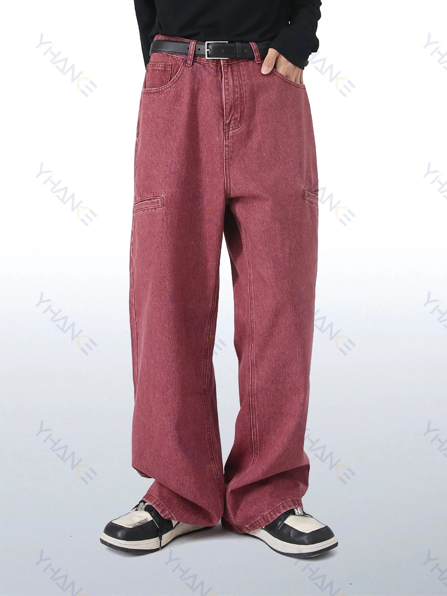 Four Seasons European and American Rumors Street Retro Trend Straight Jeans Men Loose Multi-bag Design Wide-leg Casual Trousers
