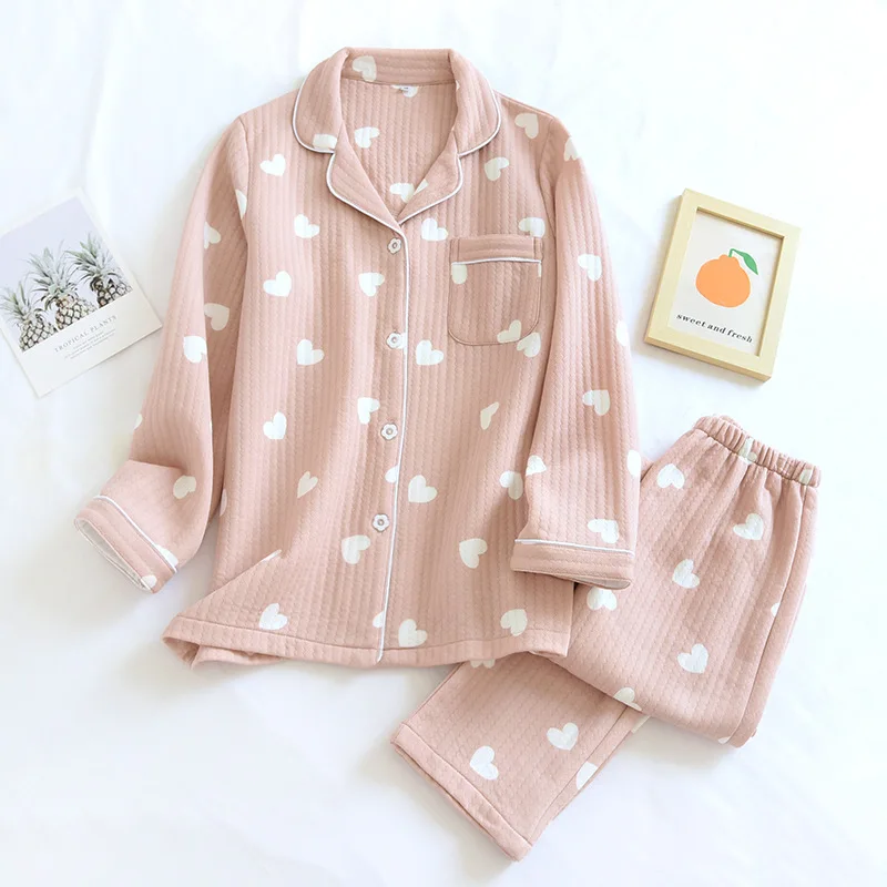 

Autumn/winter Pure Cotton Three-layer Warm Air Cotton Sandwich Lady Pajamas New Thickened Sandwich Long Sleeve Home Wear Girls