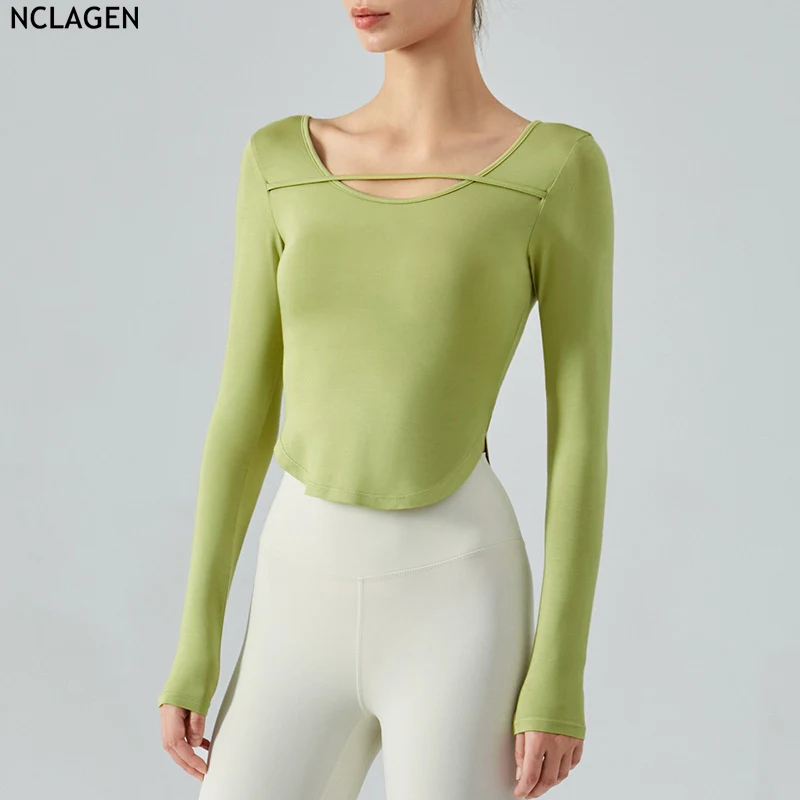 

NCLAGEN Loose Top Casual Long Sleeve Yoga Shirt Women's Breathable Running Blouse Sports T-shirt Fitness Stretchy Gym Clothing