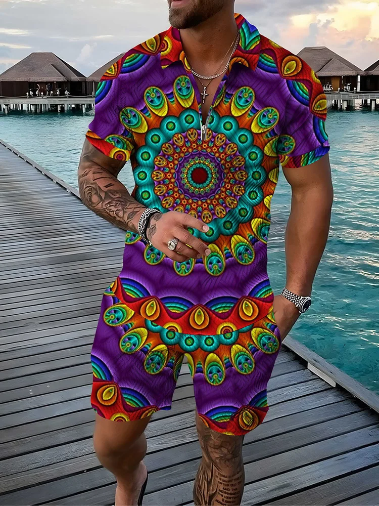 

Men Summer Vintage Polo Shirt Set Fashion Tracksuit Male Trun Down Collar Outfit Casual Bohemian Ethnic Style 2 Pieces Clothing