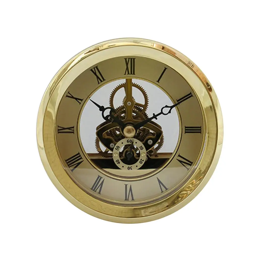 

103mm/4.06inch Round Skeleton Clock Insert, Clock Movement Insert, gold color Trim, Roman Numeral, Quartz Movement