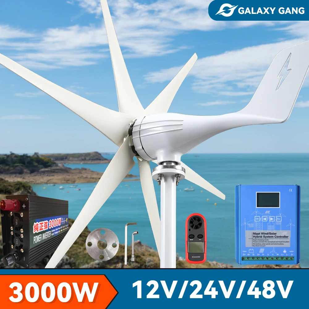 

Small Wind Mill Turbine Electricity Generator Complete Kit 3kw 24v 48v 3 Blades Dynamo With MPPT Charge Controller RV Yacht Farm
