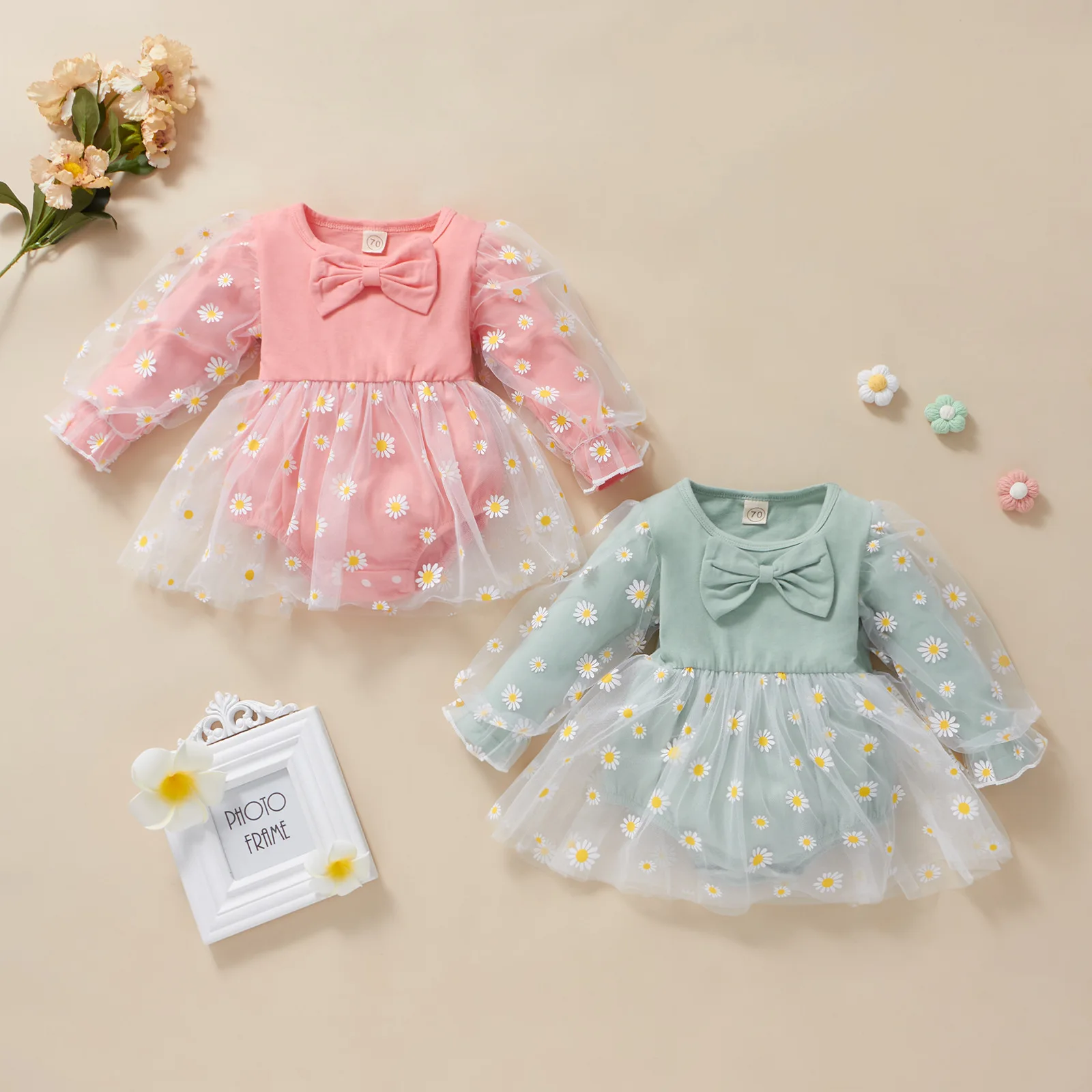 

Baby Girls Spring Autumn Princess Dress Elegant Girl Long Sleeve Flower Gauze Puffy Skirt Daisy Bow Cute Birthday Party Kids Set