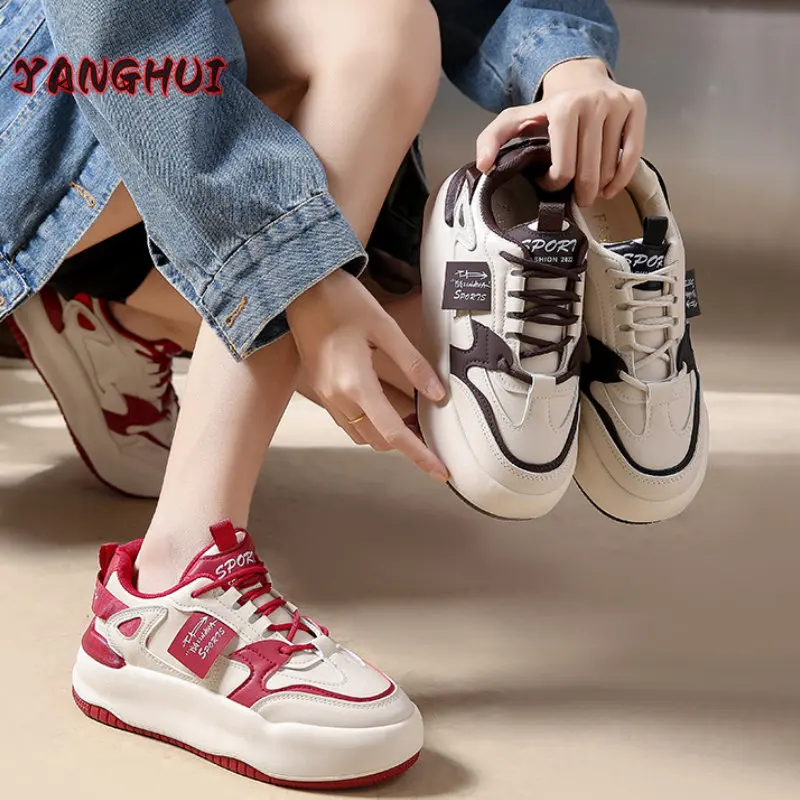 

New Color Blocking Tie Round Head Women's Small White Shoes Thick Soles Casual Versatile Sneakers Fashionable Anti-skid Tênis