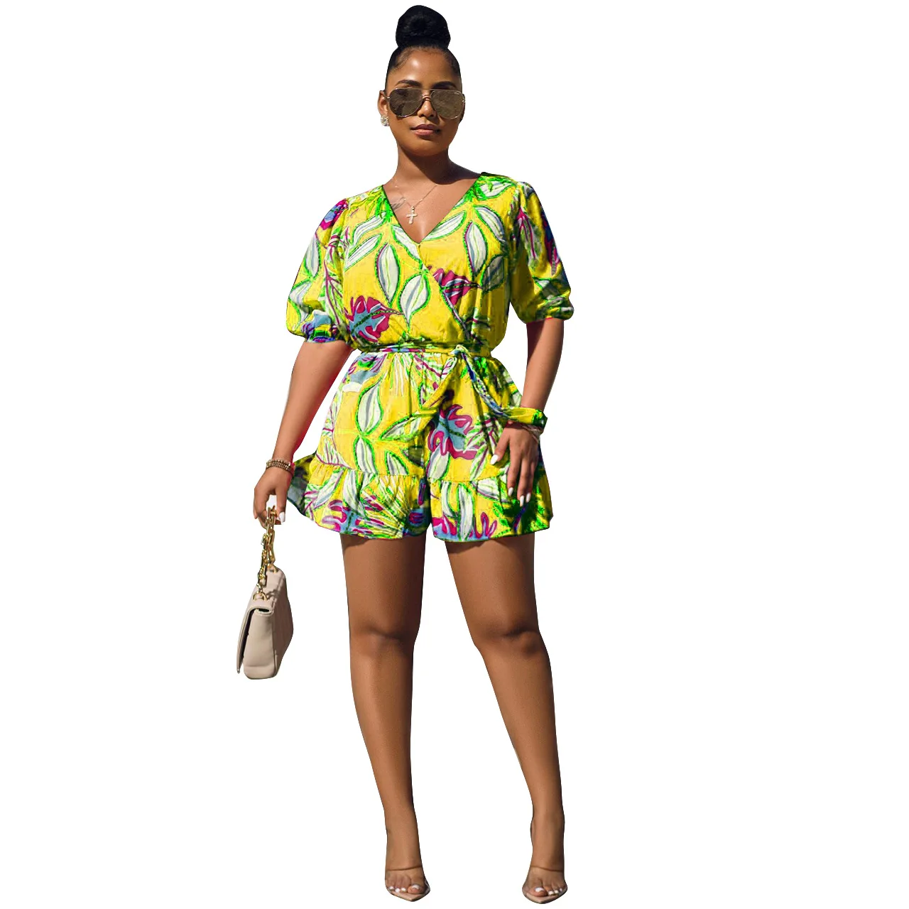 Boho Floral Printed Women Playsuits Loose Short Sleeve Lace Up V Neck Rompers 2022 Summer Holiday Workout Beachwear One Piece