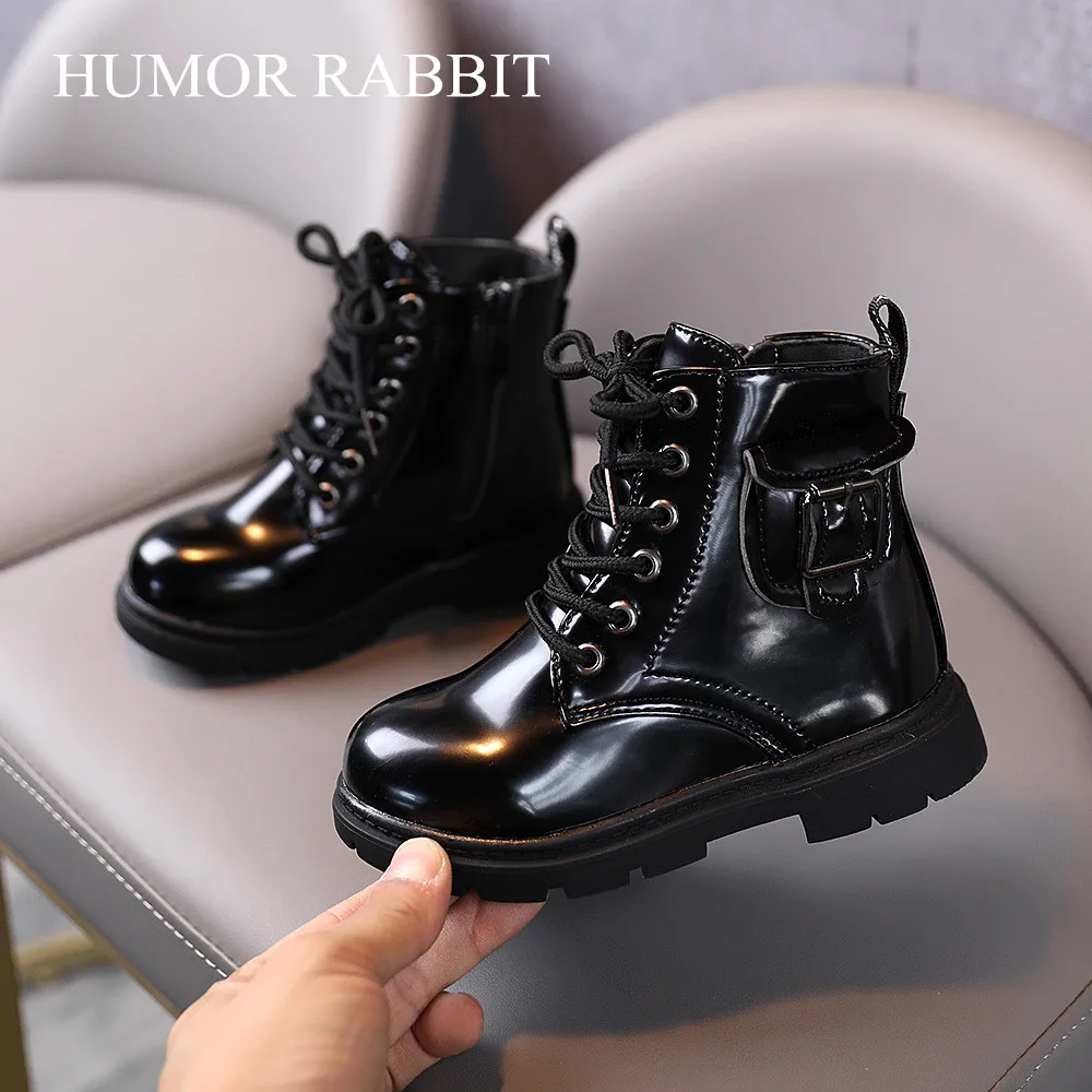 Spring Autumn Boy Children's Boots Girls Black PU Leather Boots New Boys British Style Short Boots Baby Buckle Single Shoes Kids