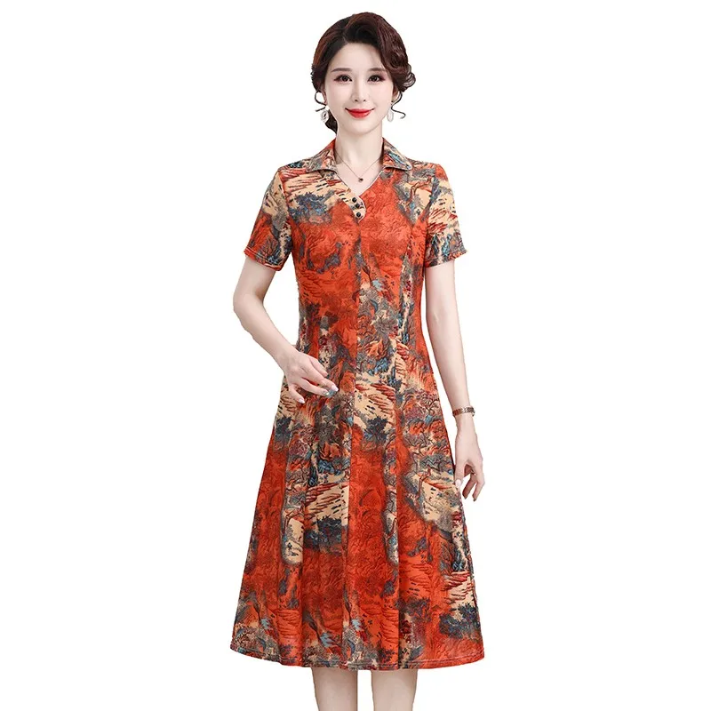 

Fashion Simple Casual Summer Pocket Dresses For Women Lapel Floral Printe Elegant Party Knee-length Dress Slim Women Clothing