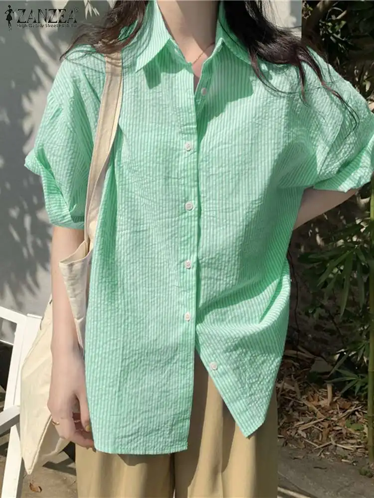 

ZANZEA Women Fashion Lapel OL Shirt Korean Stripe Blouse Summer Short Sleeve Tunic Tops Female Buttons Blusas Oversize Chemise