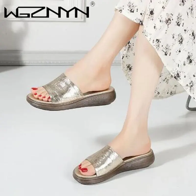 

Slippers Women Summer 2023 New Ethnic Style Wedge with Fish Mouth One Word Drag Cake Thick Bottom Women Peep Toe Shoe Large Size