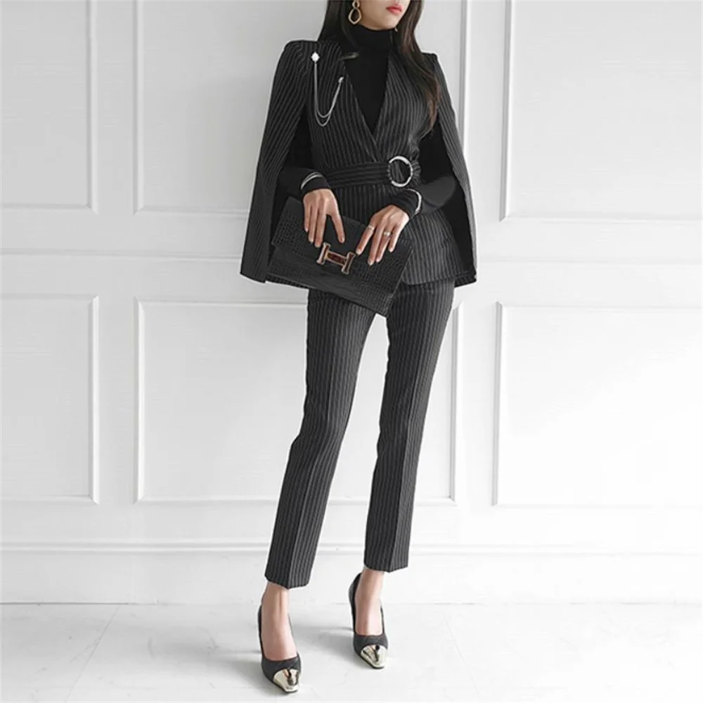 New Design Stylish Stripe Women Blazer Set Belted Cloak Jacket & Slim Trousers Elegant Female Pant Suit Ladies 2 Pieces 2023