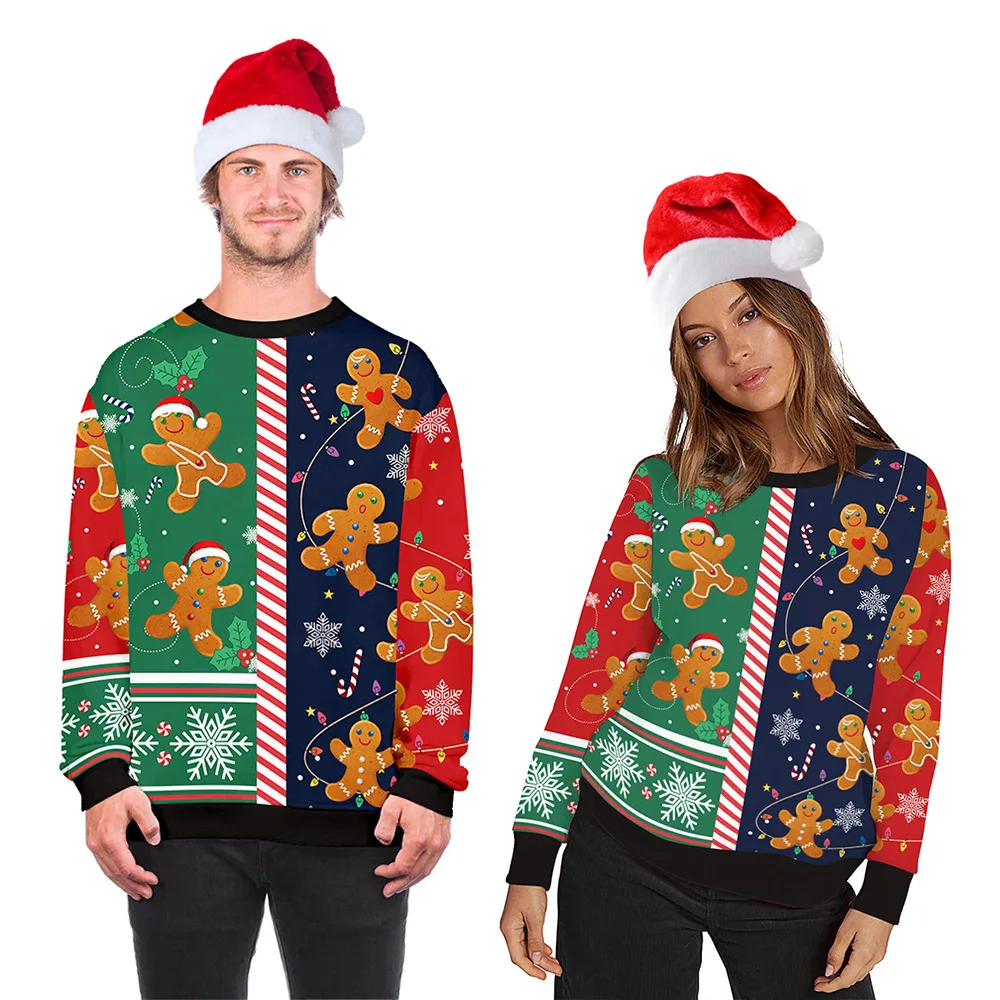 New Christmas Digital Printing Men's and Women's Same Style Round Neck Pullover Long-sleeved Sweater Loose  Autumn Clothes