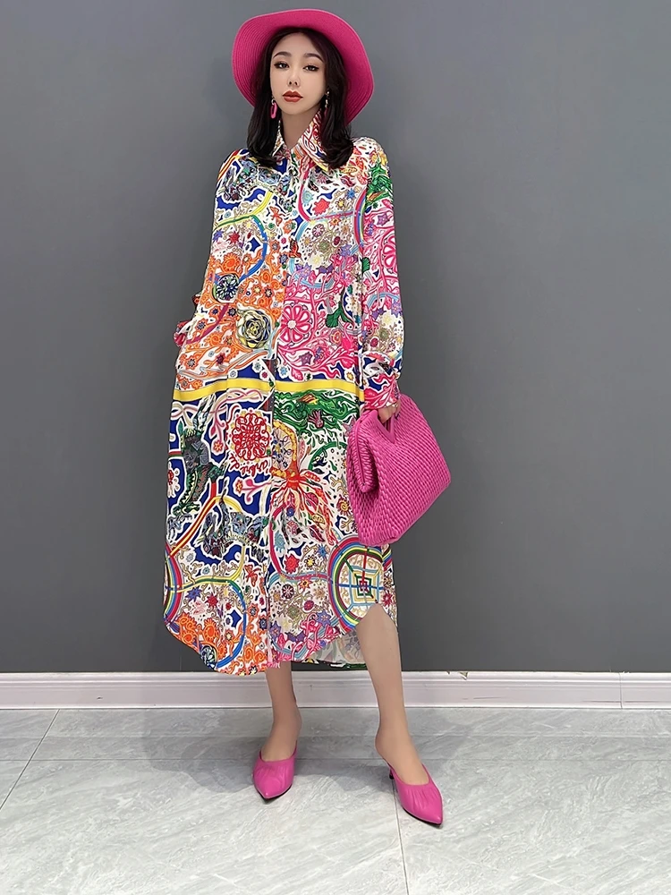 

SuperAen Europe 2022 Summer New Korean Fashion Casual Temperament Turn-down Collar Long Dress Printing Woman
